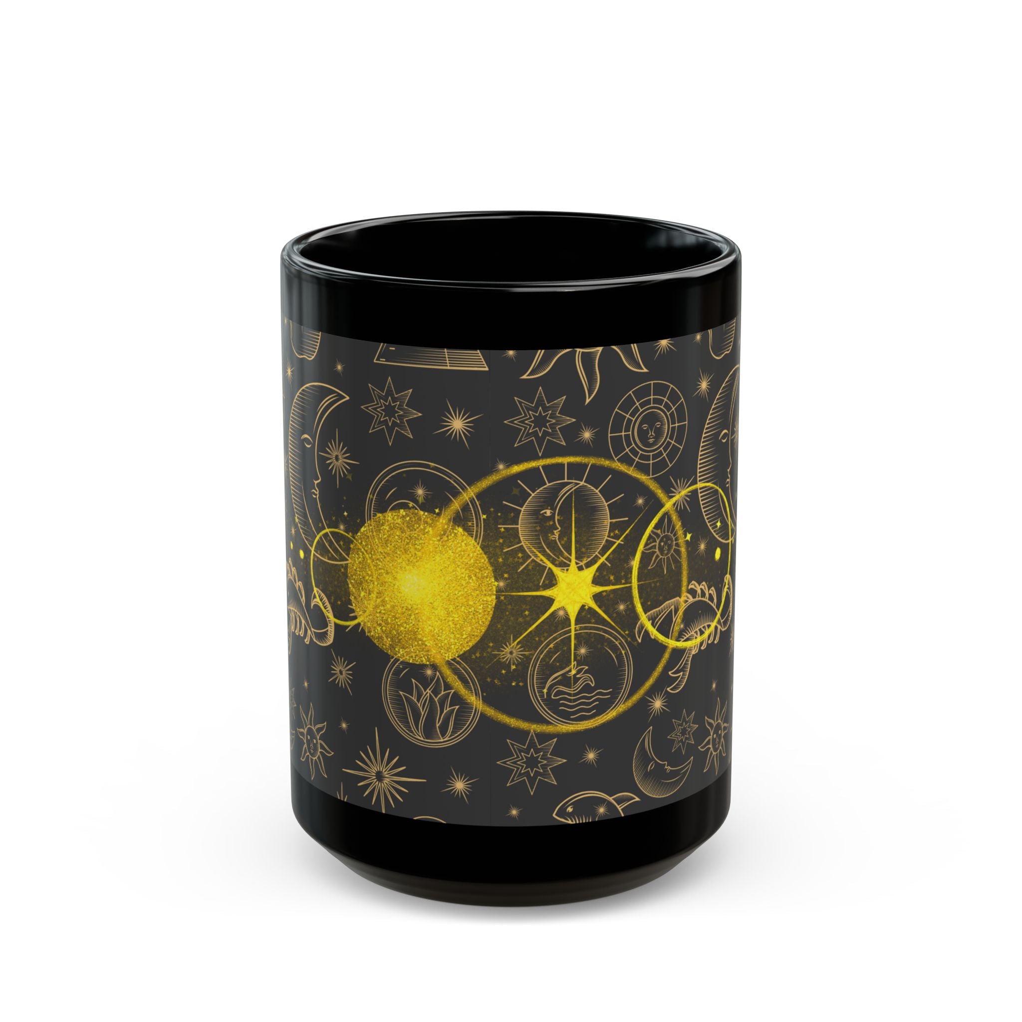 Celestial Gold Moon Phase Mug — Astrological Starry Black Coffee Cup (11oz/15oz) - Creations by Chris and Carlos