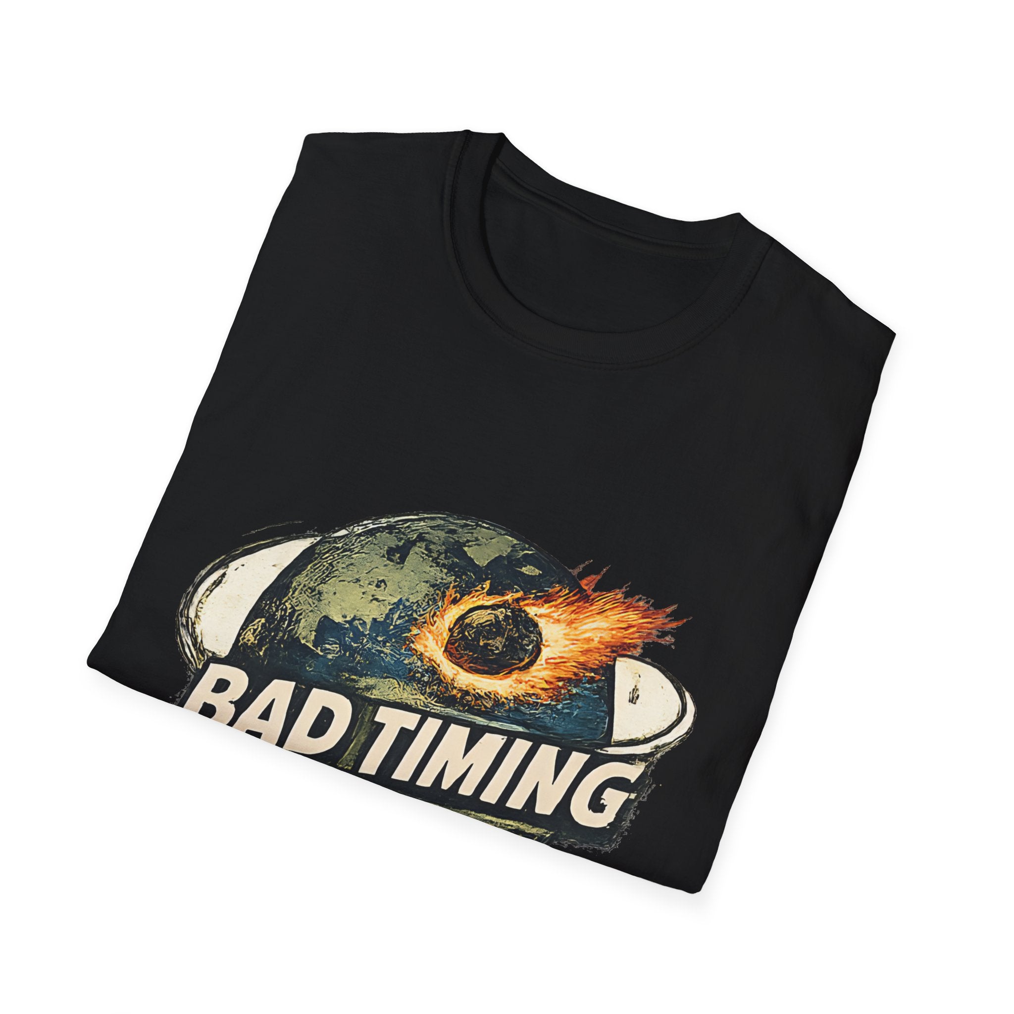 Bad Timing Graphic T-Shirt — Retro Meteor Earth Design - Creations by Chris and Carlos