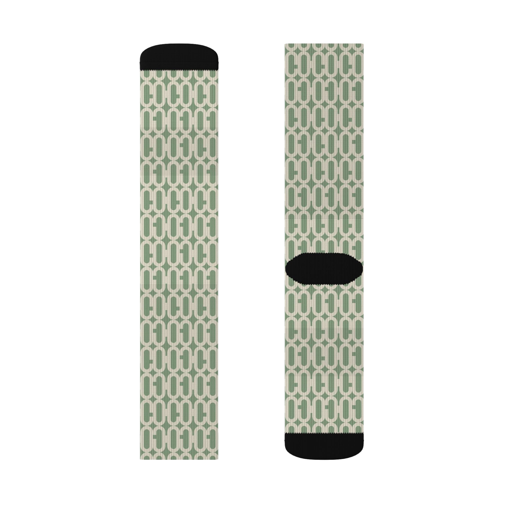 Prism Point Athletic Collection- Geometric Sage Pattern Sublimation Socks Cozy Retro Chainlink Crew Socks - Creations by Chris and Carlos