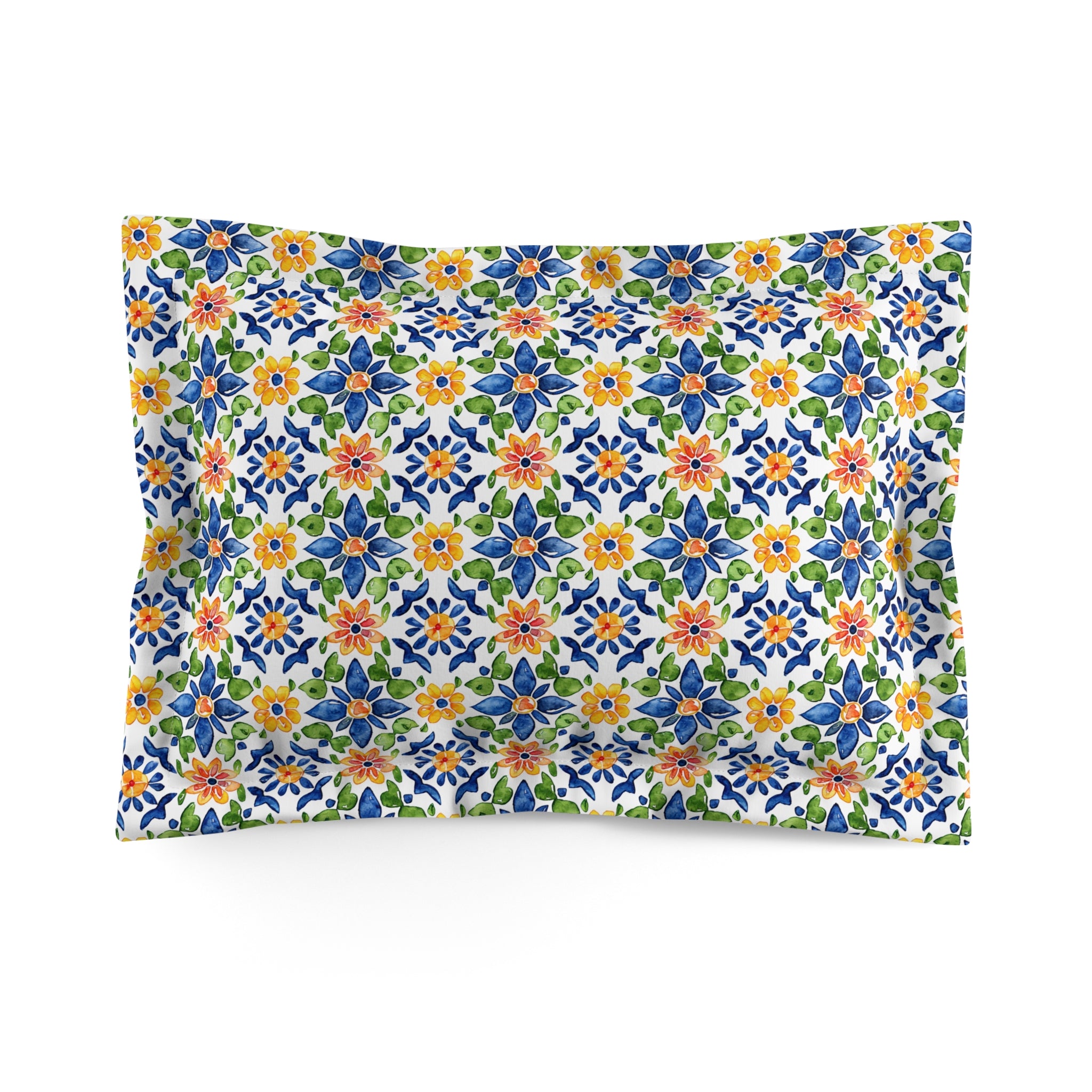 Sol y Alegría (Sun and Joy) Collection- Floral Mosaic Microfiber Pillow Sham — Blue & Yellow Garden Pattern - Creations by Chris and Carlos