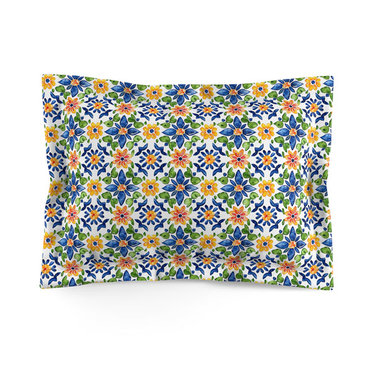 Sol y Alegría (Sun and Joy) Collection- Floral Mosaic Microfiber Pillow Sham — Blue & Yellow Garden Pattern - Creations by Chris and Carlos