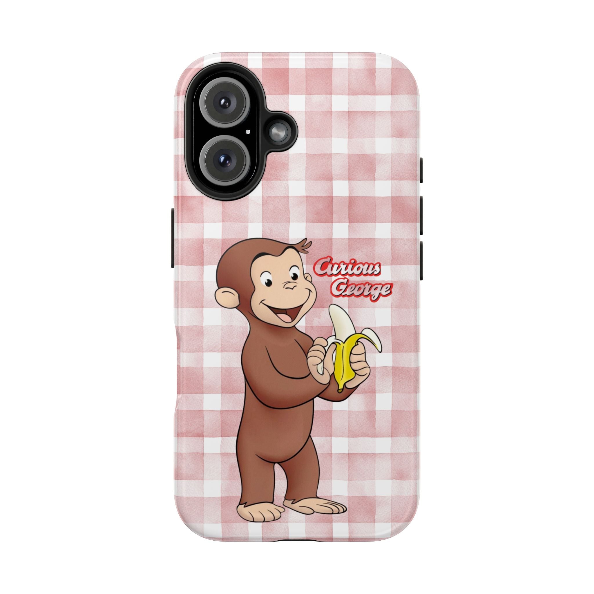 Curious George Banana Tough Phone Case — Cute Kids iPhone Cover, Pink Gingham Protective Case - Creations by Chris and Carlos
