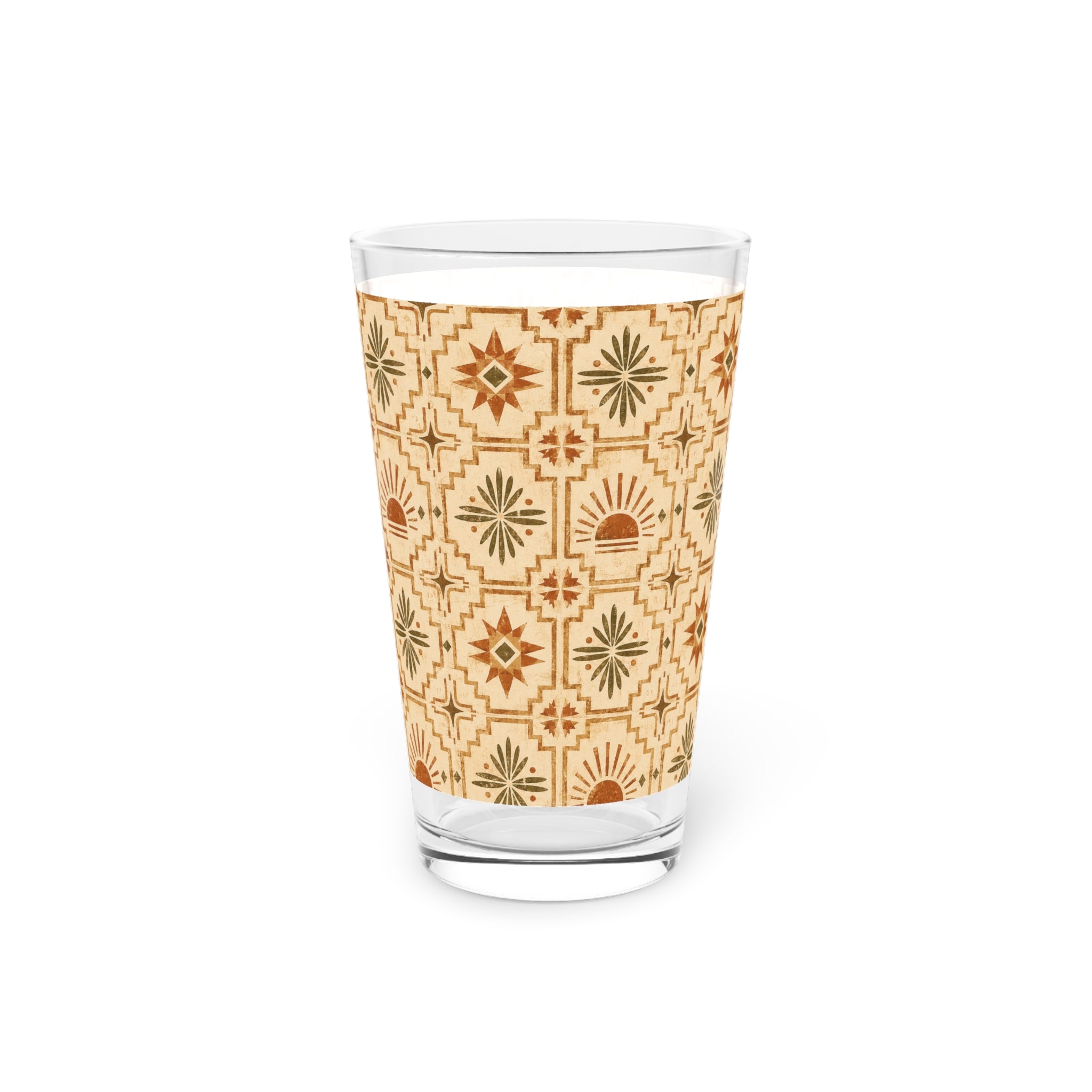Pint Glass — Southwestern Geometric 16oz Beer Glass (Desert Sun Tile Pattern) - Creations by Chris and Carlos