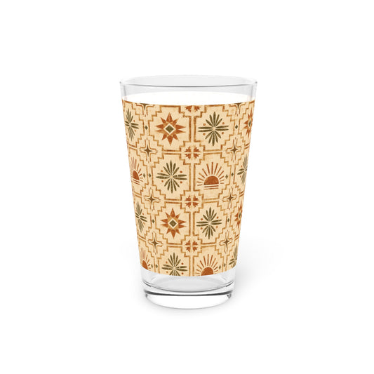 Pint Glass — Southwestern Geometric 16oz Beer Glass (Desert Sun Tile Pattern) - Creations by Chris and Carlos