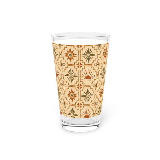 Pint Glass — Southwestern Geometric 16oz Beer Glass (Desert Sun Tile Pattern) - Creations by Chris and Carlos