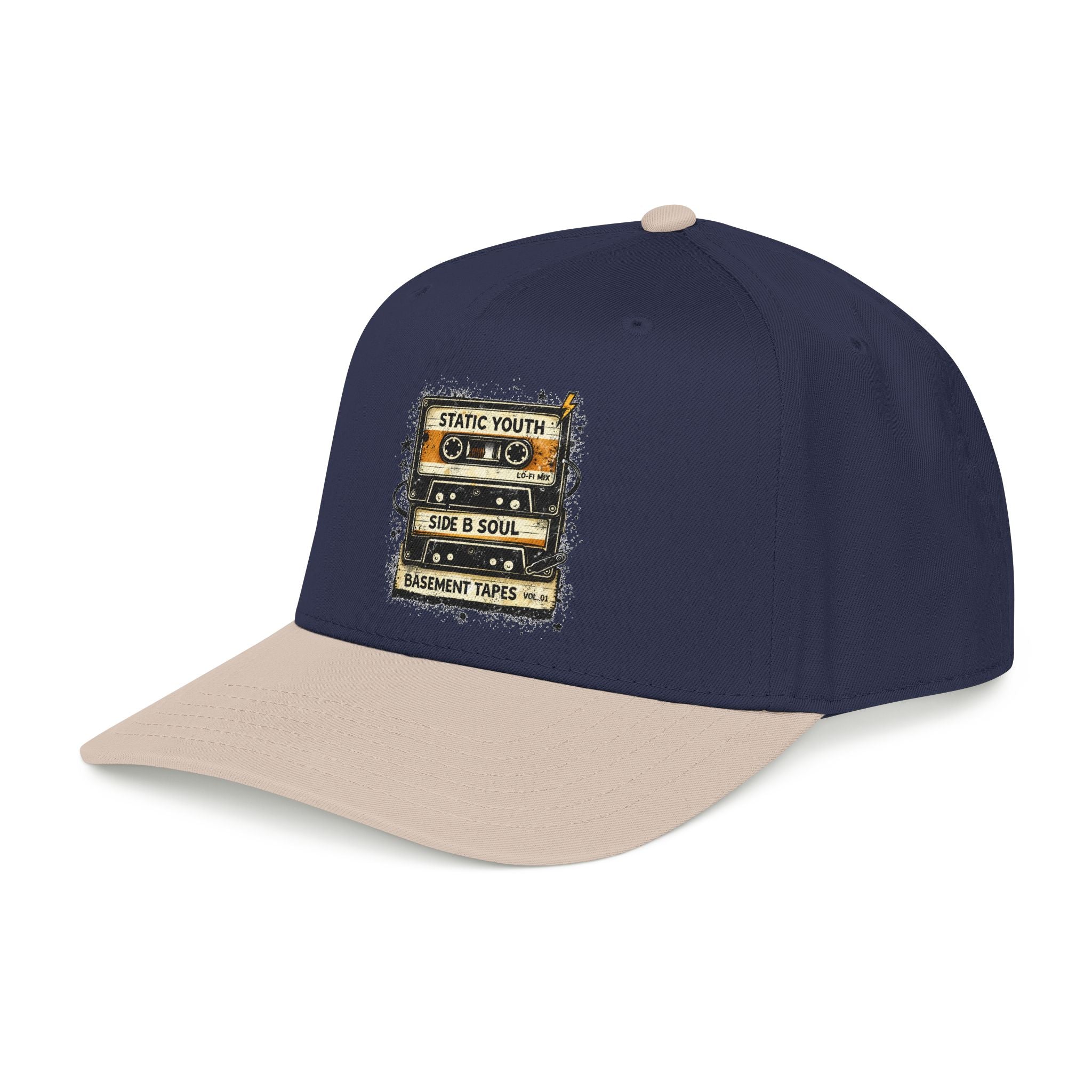 Vintage Cassette Baseball Cap — "Static Youth / Side B Soul" Retro Tape Design - Creations by Chris and Carlos
