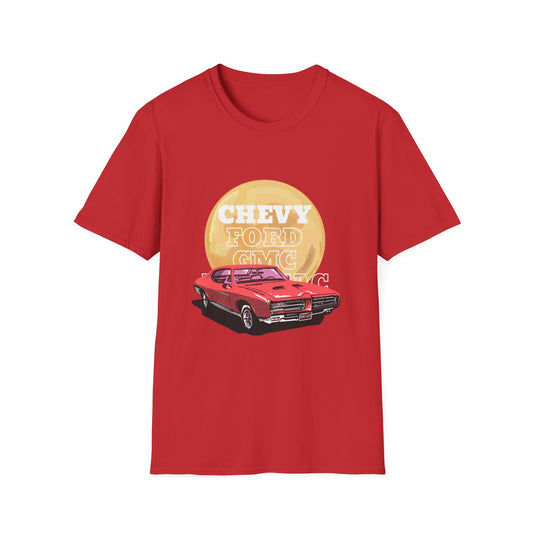 Vintage Muscle Car T-Shirt — "Chevy Ford Come Racing" Retro Red Classic Car Tee - Creations by Chris and Carlos