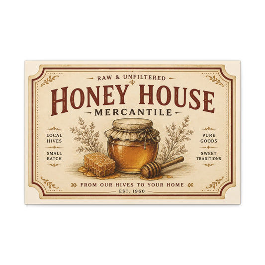 Honey House Mercantile Canvas Print — Rustic Honey Jar Wall Art - Creations by Chris and Carlos