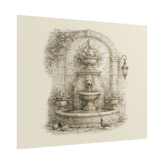 Antique Garden Fountain Poster — Vintage Hand-Drawn Rolled Wall Art - Creations by Chris and Carlos