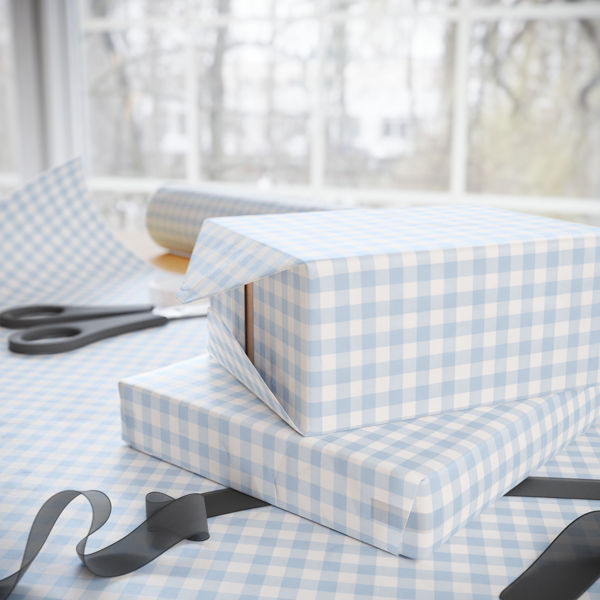 Wrapping Paper Roll — Light Blue Gingham Check Gift Wrap - Creations by Chris and Carlos