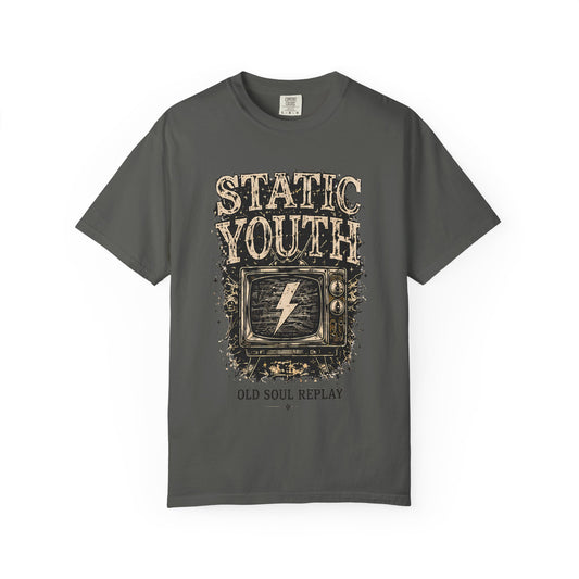 Static Youth Graphic Tee — Vintage TV Lightning Bolt "Old Soul Replay" - Creations by Chris and Carlos