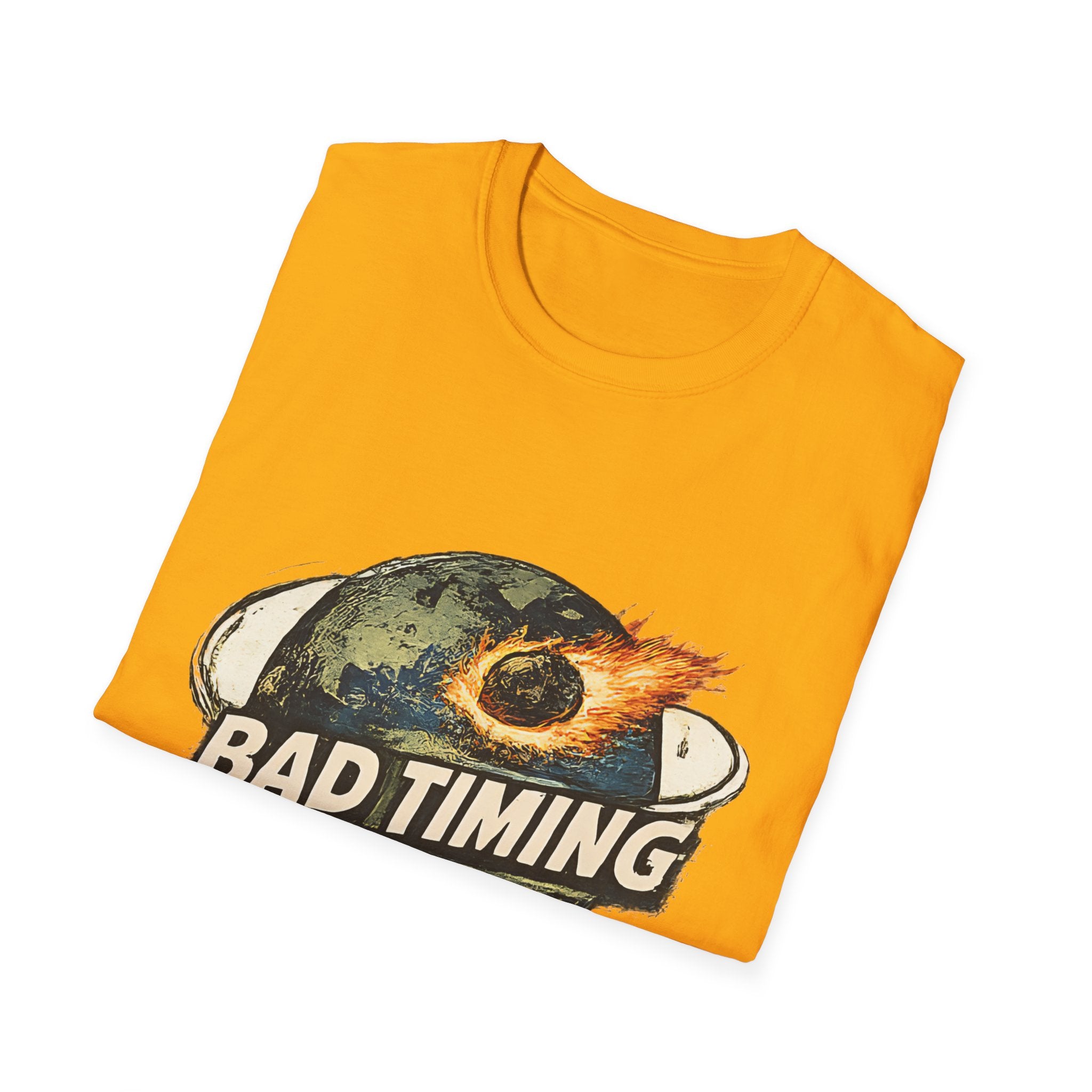 Bad Timing Graphic T-Shirt — Retro Meteor Earth Design - Creations by Chris and Carlos