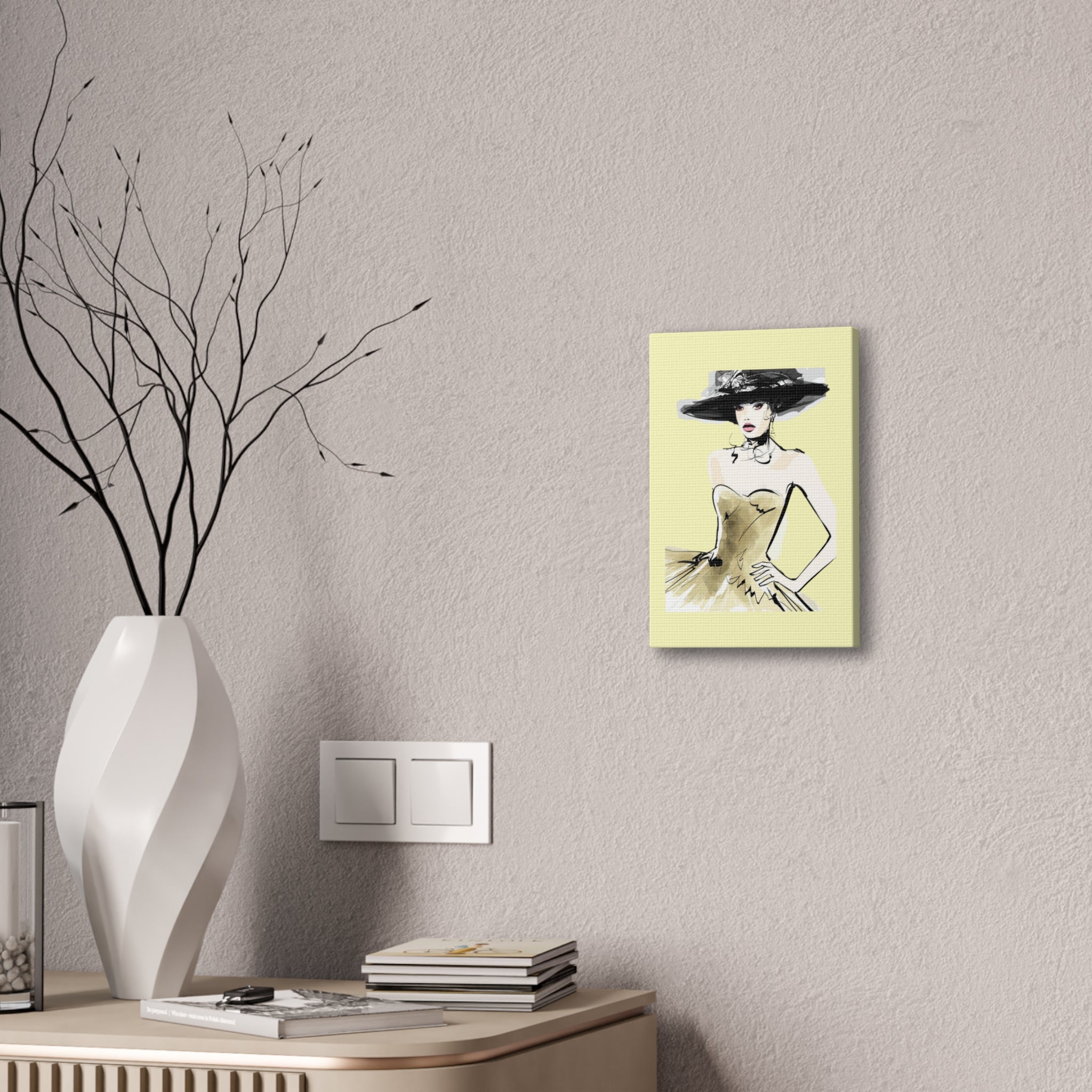Fashion Illustration Canvas Wall Art - Elegant Woman in Gold Dress (Stretched Canvas) - Creations by Chris and Carlos