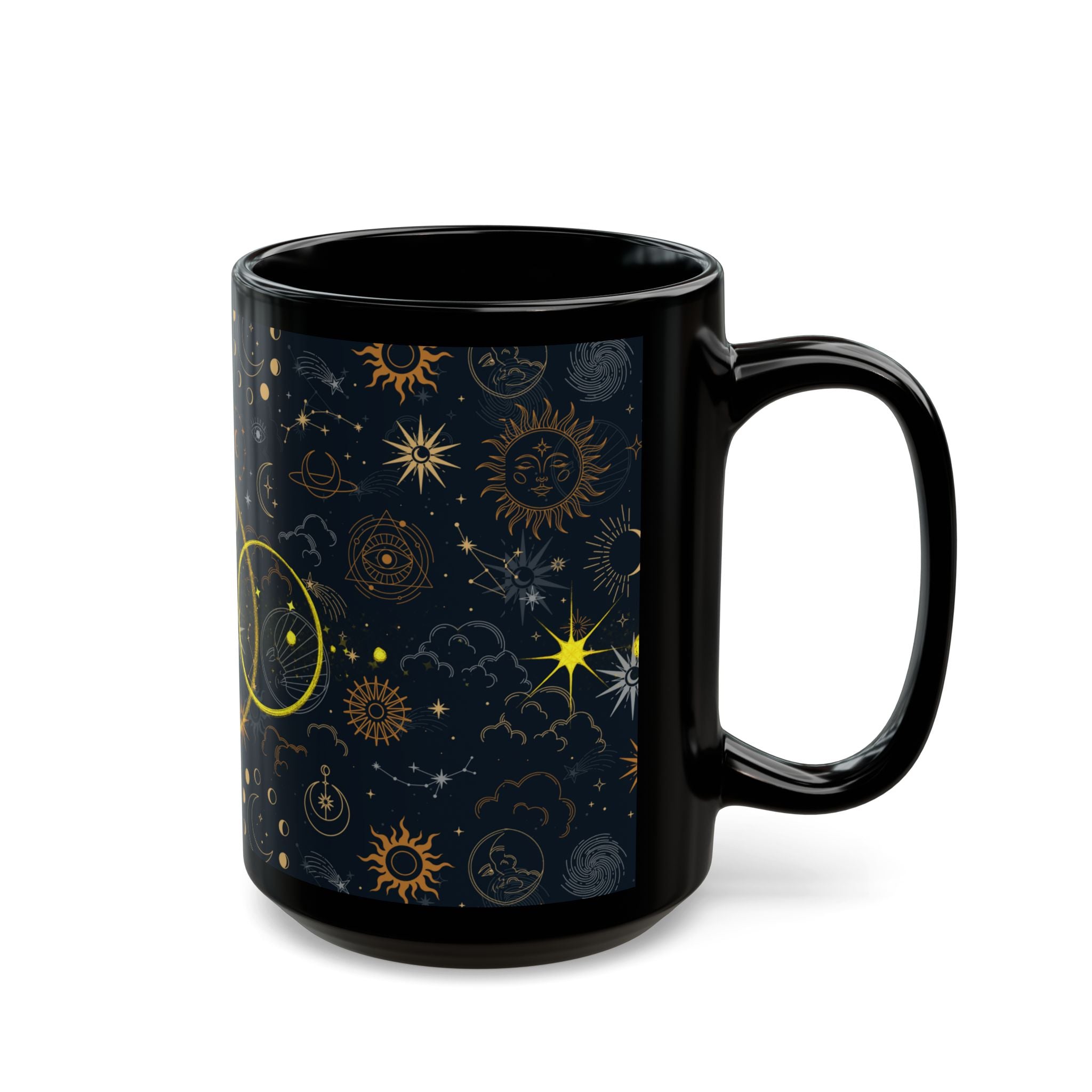 Celestial Phases Black Mug — Gold Moon & Star Astrology Design (11oz/15oz) - Creations by Chris and Carlos