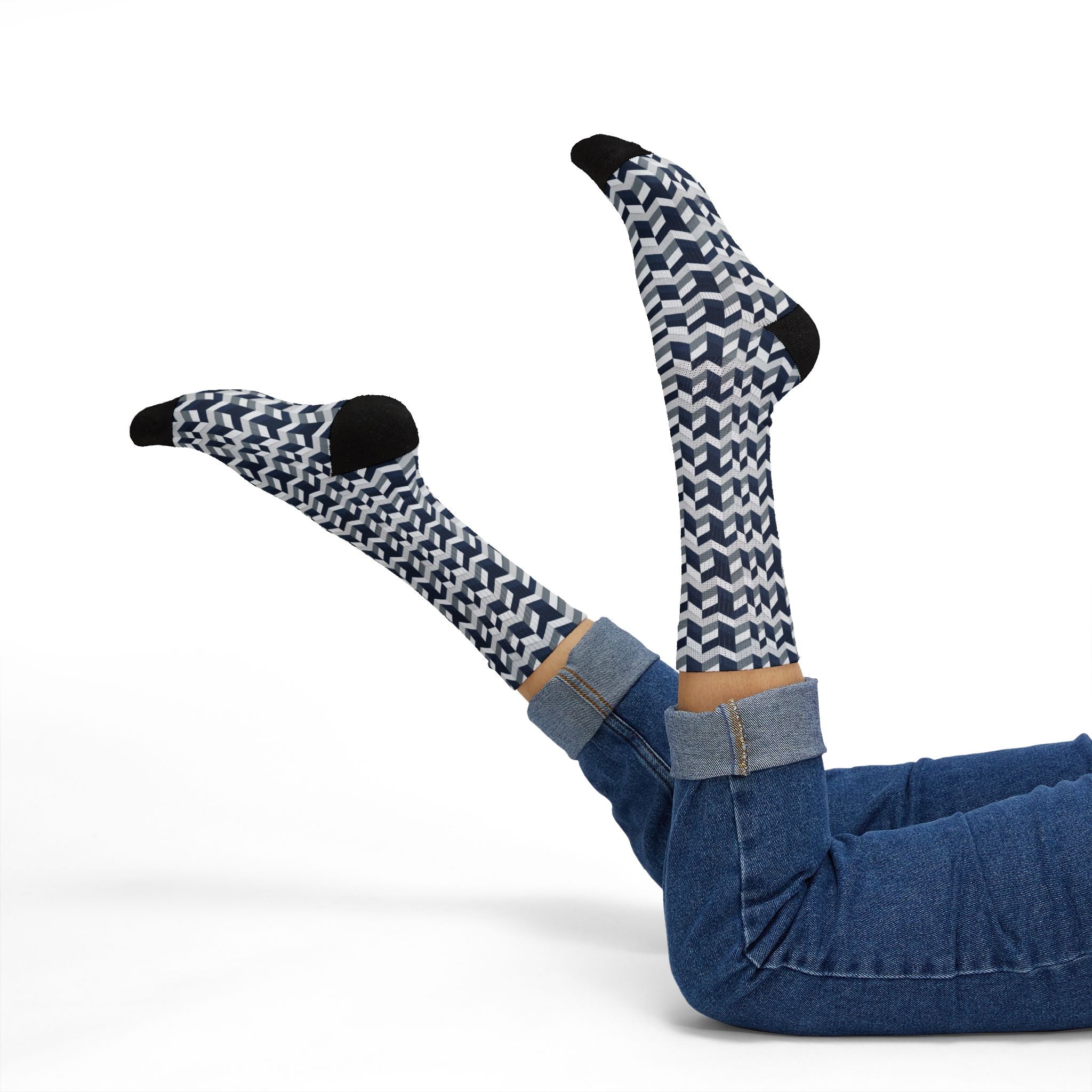 Prism Point Athletic Collection- Geometric Navy Knit-Pattern Sublimation Socks - Creations by Chris and Carlos