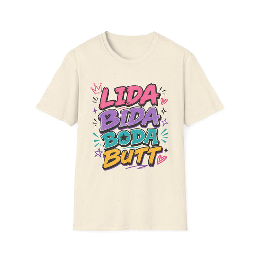 Lida Bida Boda Butt Graphic T-Shirt — TIK TOK FAMOUS Colorful Retro Bubble Letter Tee - Creations by Chris and Carlos