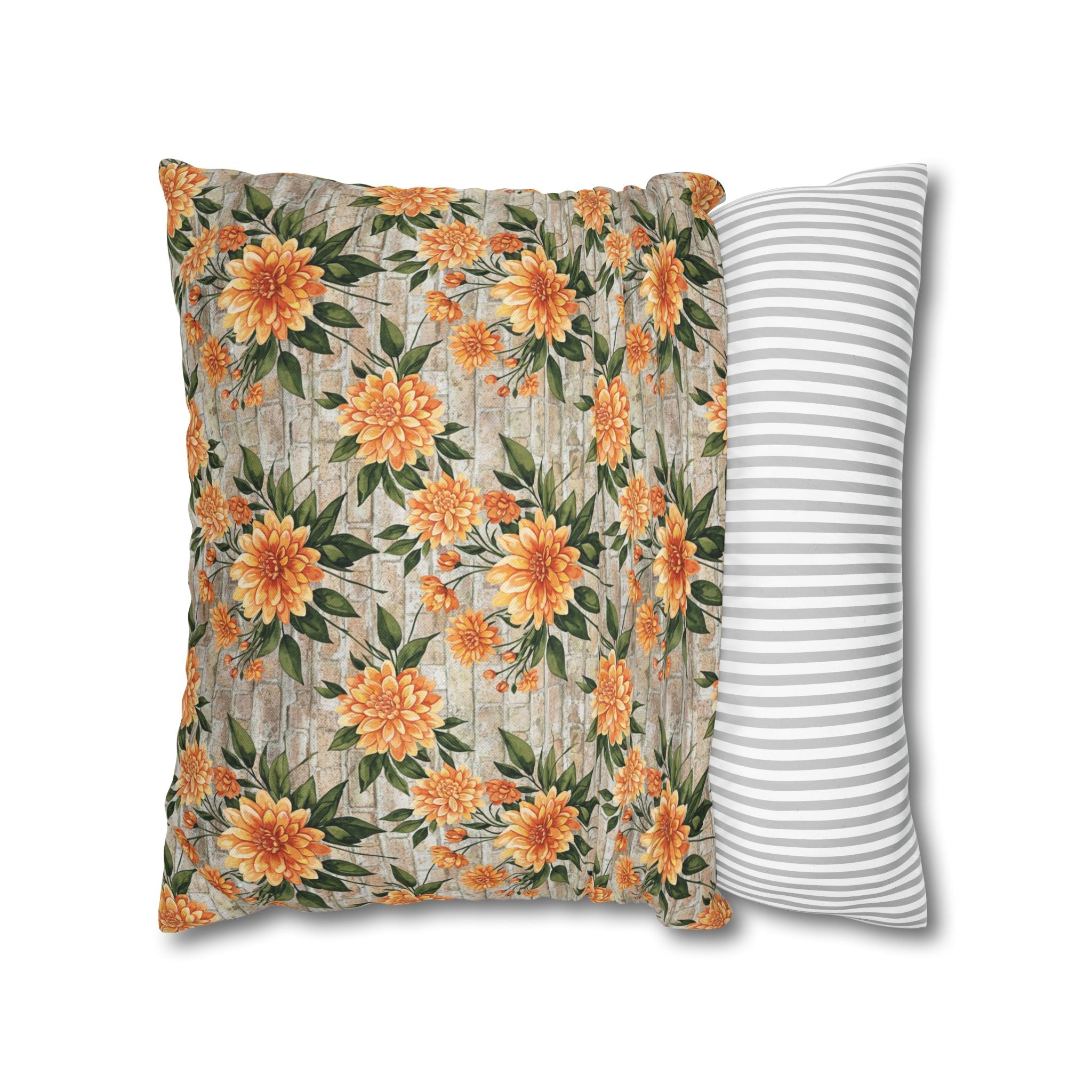 The Artisanal Flora Gallery Floral Sunburst Square Pillowcase — Orange Dahlia Botanical Throw Pillow Cover - Creations by Chris and Carlos