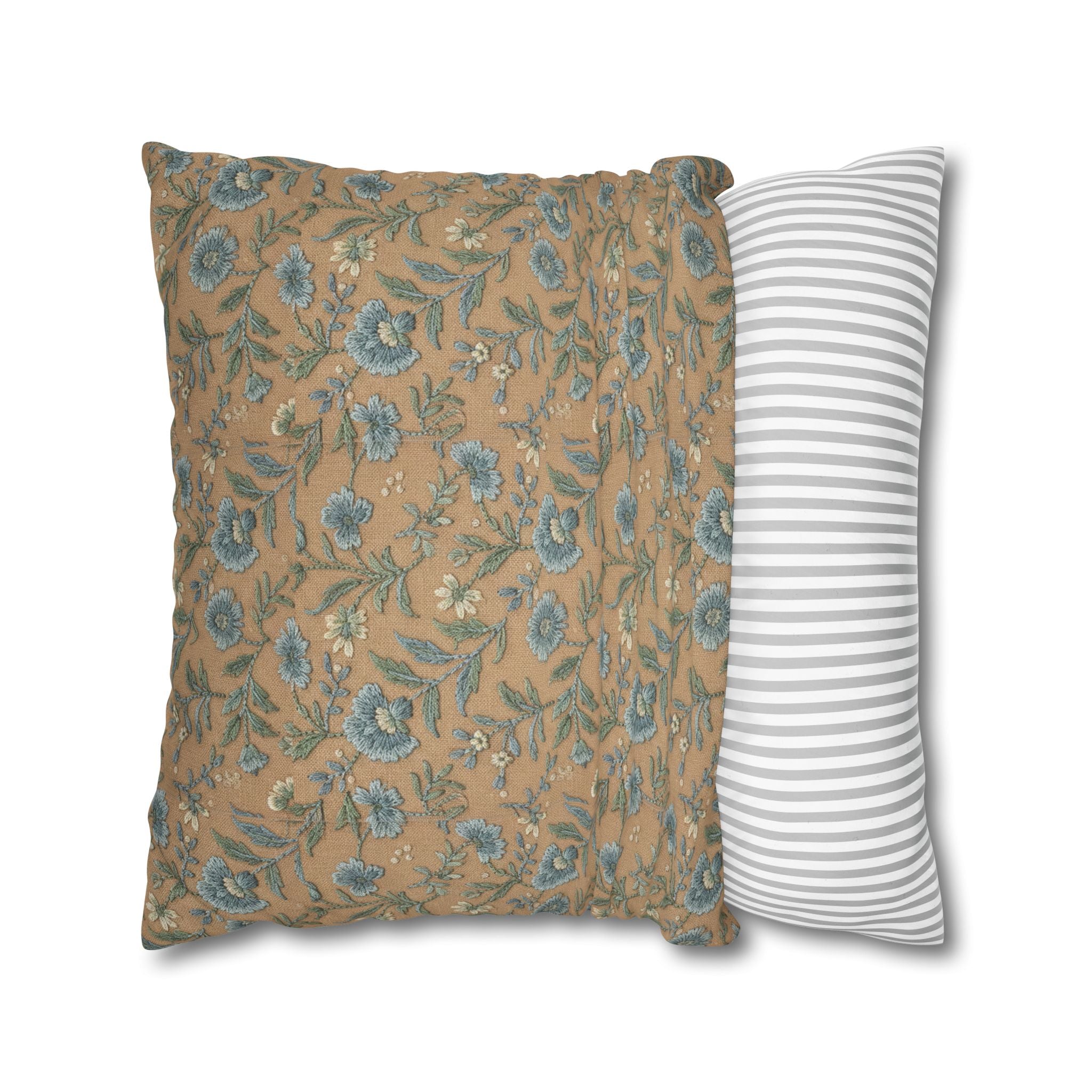 Plumstead Manor Geometric Vintage Floral Pillowcase — Blue Beige Botanical Square Pillow - Creations by Chris and Carlos
