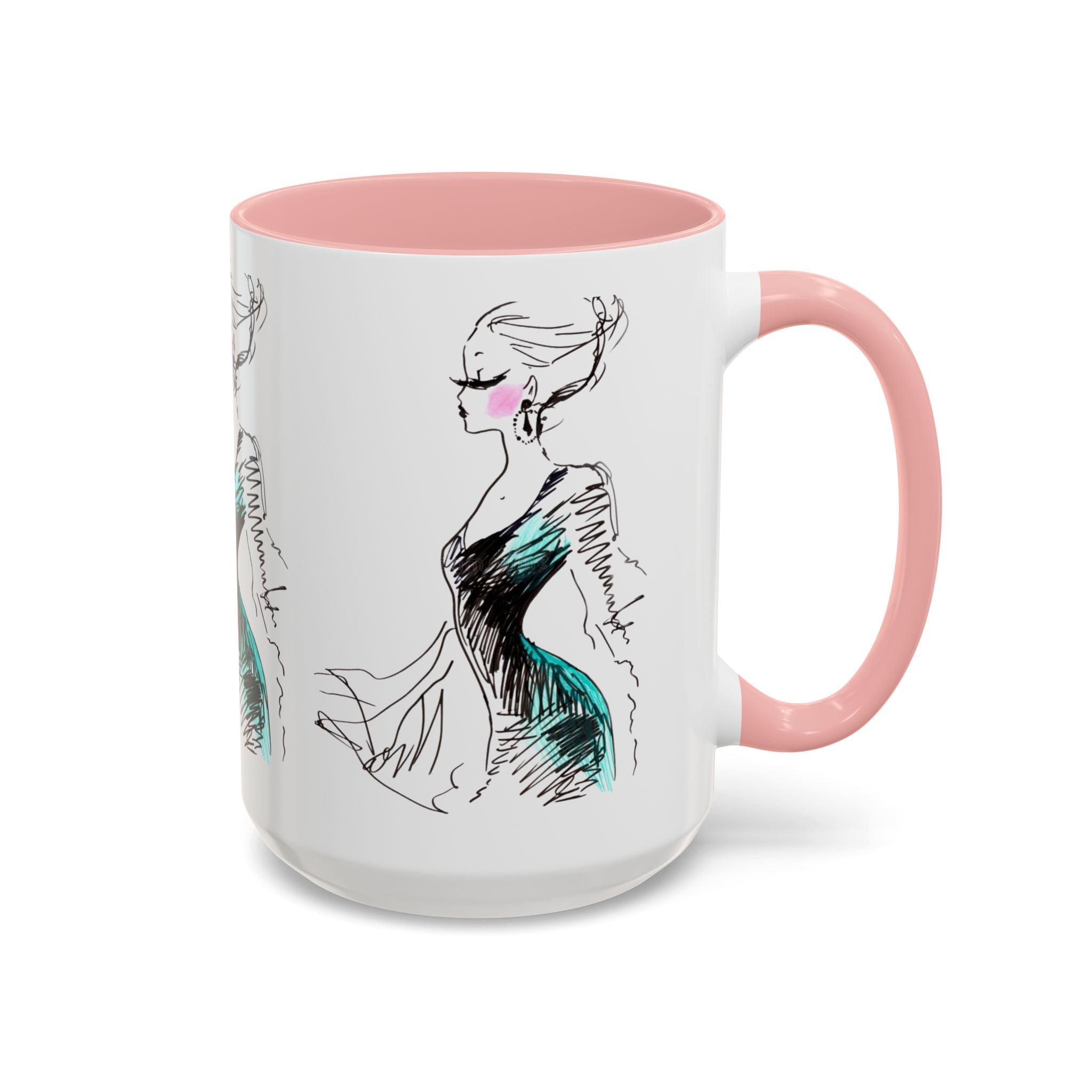 Fashion Sketch Accent Coffee Mug — Chic Hand-Drawn Dress Illustration (11/15 oz) - Creations by Chris and Carlos