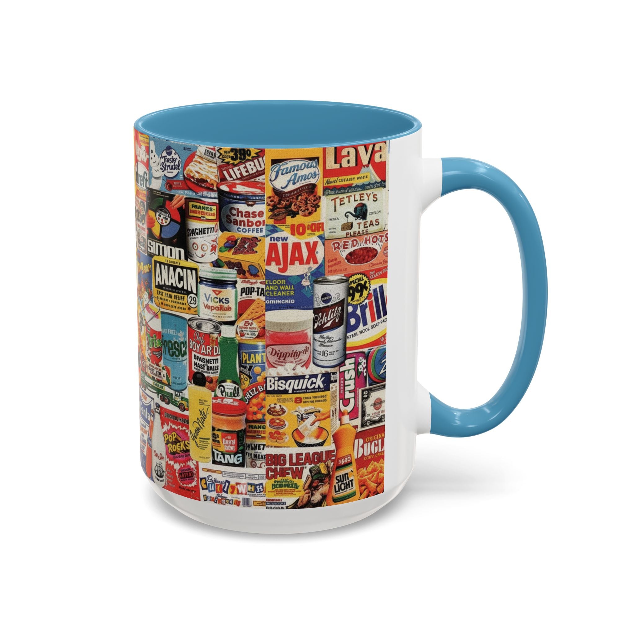 Vintage Retro Ads Coffee Mug — Collage of Classic Brand Labels (11/15oz Accent Mug) - Creations by Chris and Carlos