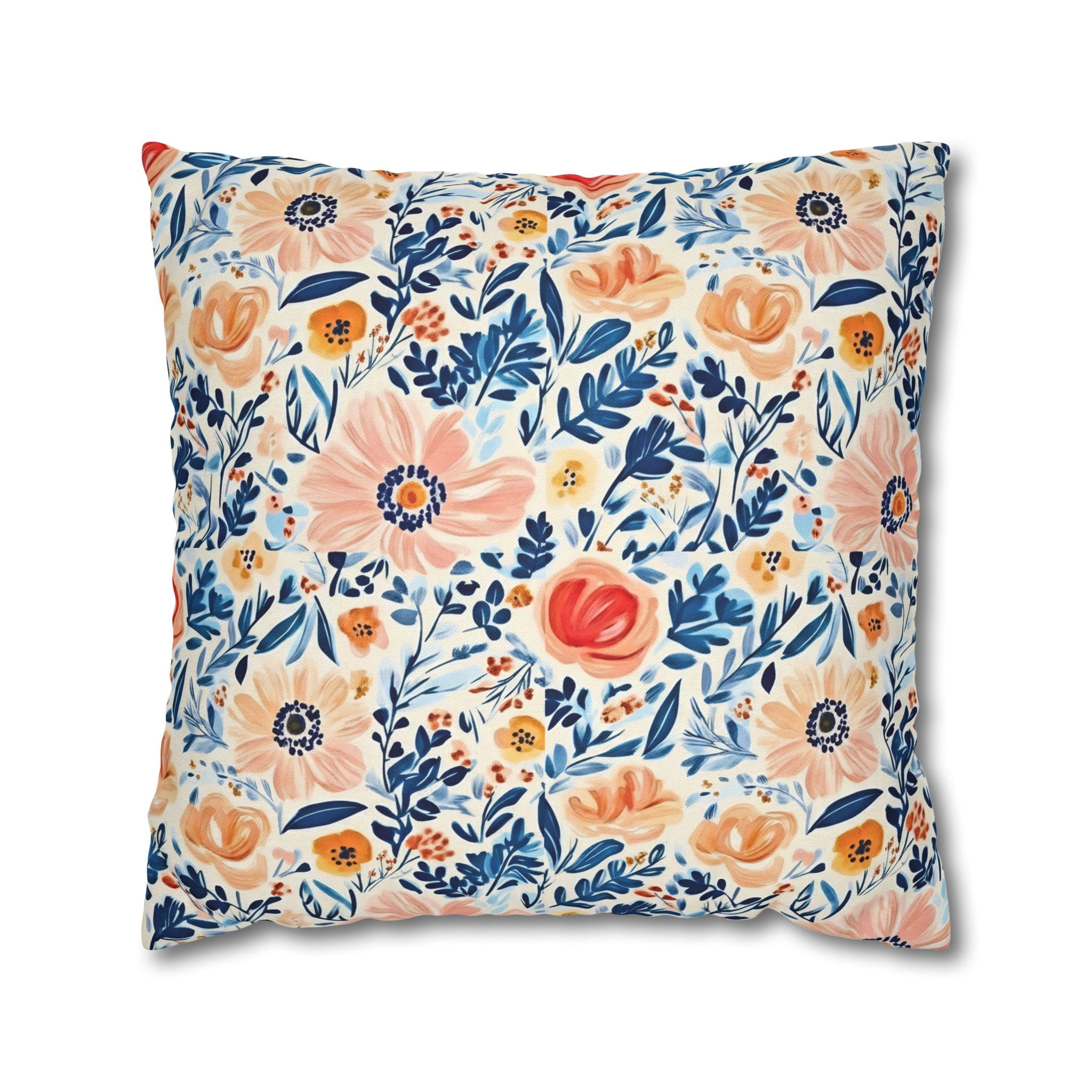 The Artisanal Flora Gallery Floral Watercolor Throw Pillow Cover — Peach & Navy Garden Pattern - Creations by Chris and Carlos