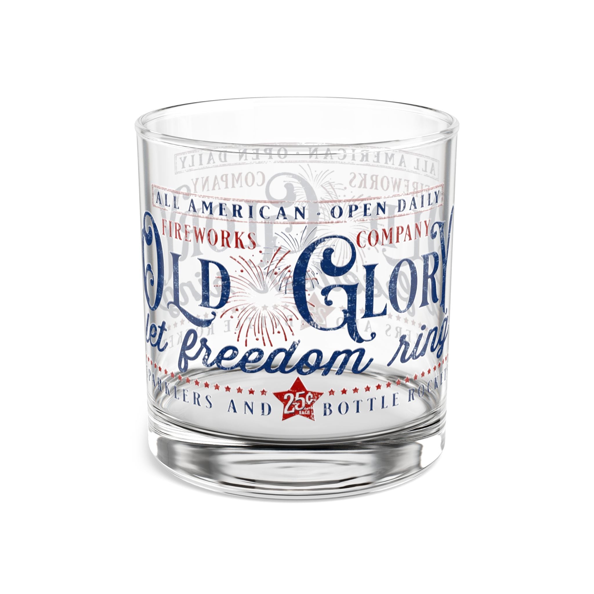 Old Glory Rocks Glass — 10oz Patriotic Whiskey Glass with Fireworks Design - Creations by Chris and Carlos