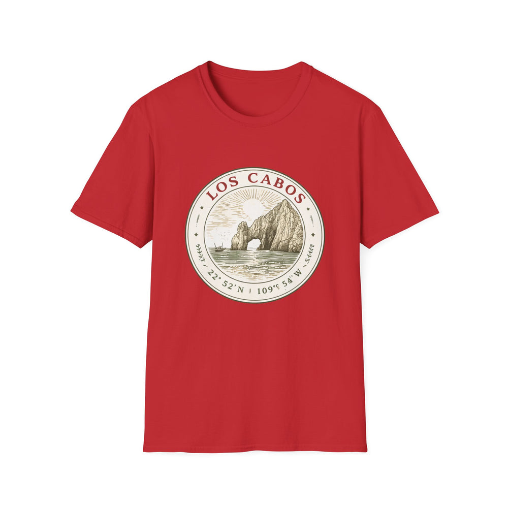 Los Cabos Arch Vintage Graphic T-Shirt — Beach Souvenir Tee with Coordinates