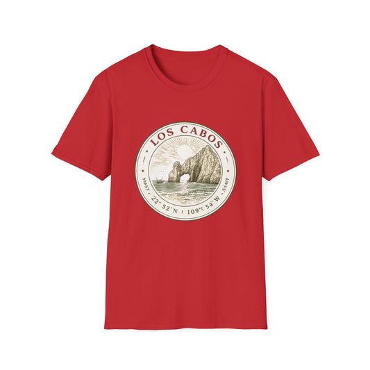 Los Cabos Arch Vintage Graphic T-Shirt — Beach Souvenir Tee with Coordinates - Creations by Chris and Carlos