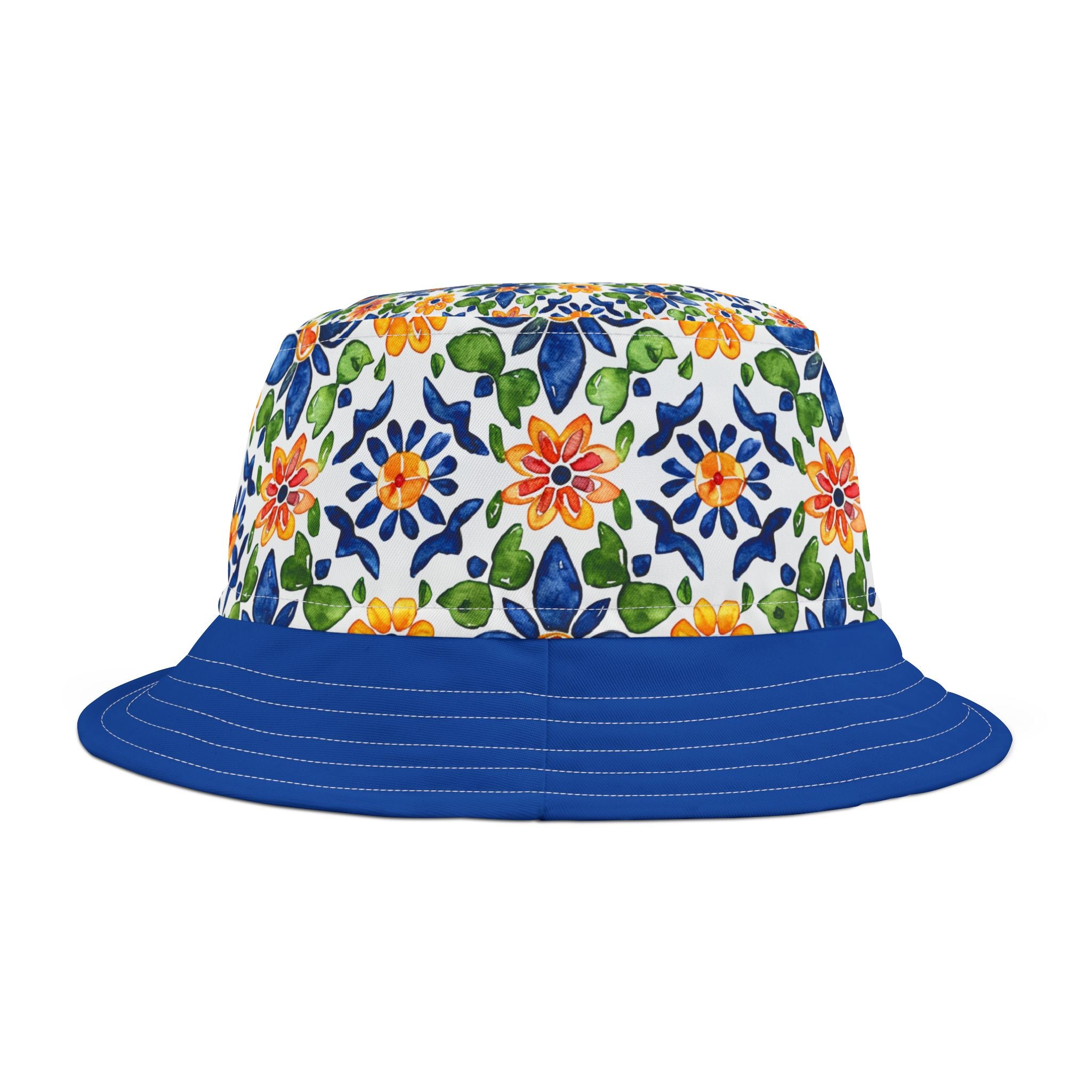Sol y Alegría (Sun and Joy) Collection- Floral Tile Blue Bucket Hat — Mediterranean Mosaic Garden Print - Creations by Chris and Carlos