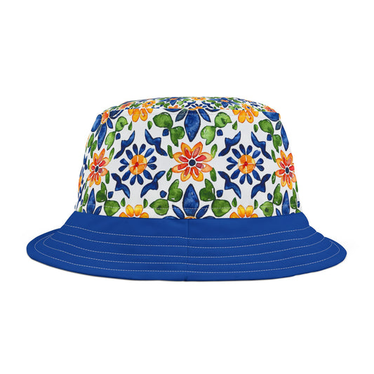 Sol y Alegría (Sun and Joy) Collection- Floral Tile Blue Bucket Hat — Mediterranean Mosaic Garden Print - Creations by Chris and Carlos