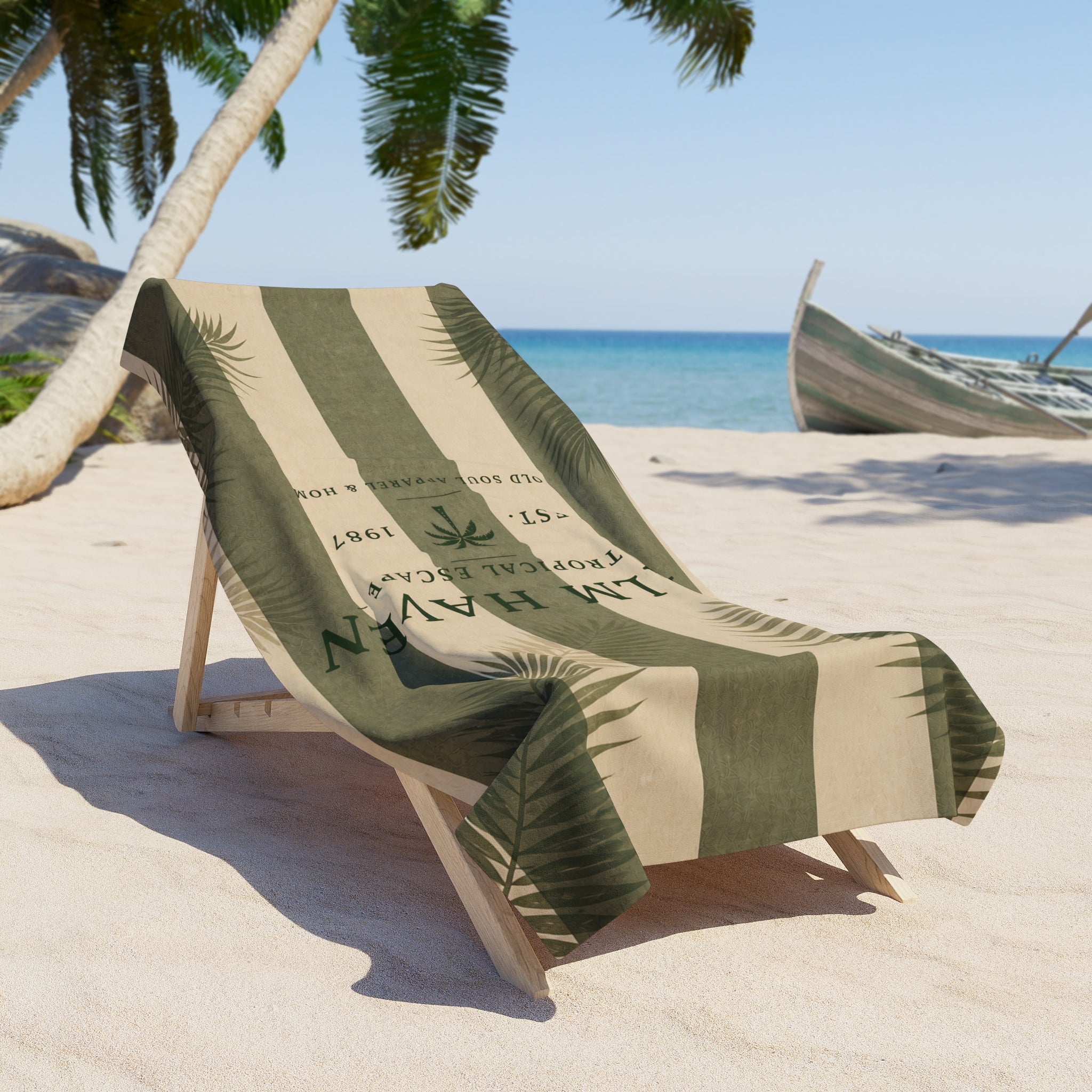 Palm Haven Striped Beach Towel – Tropical Resort Vibes, Palm Leaf Design - Creations by Chris and Carlos