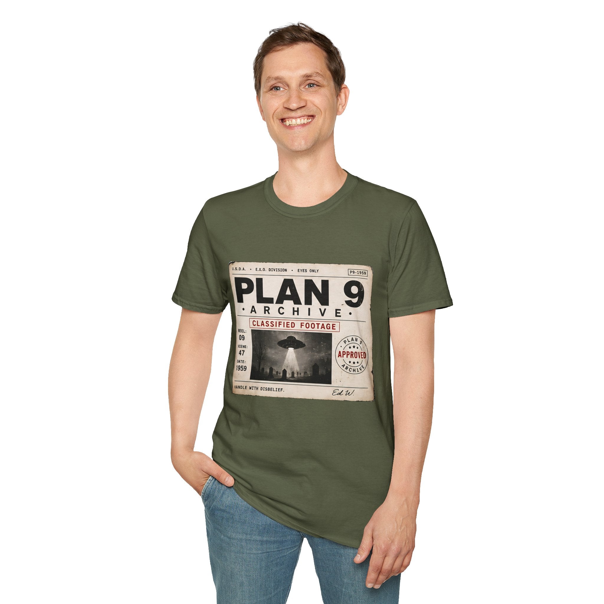Plan 9 Archive UFO T-Shirt — Retro 'Classified Footage' Alien Badge Tee - Creations by Chris and Carlos