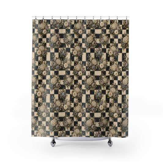 Vintage Floral Checkerboard Shower Curtain — Rustic Cottage Bathroom Décor - Creations by Chris and Carlos