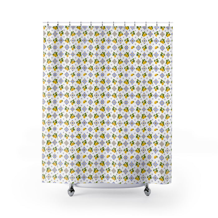 Shower Curtain — Mediterranean Lemon Tile Pattern, Blue Floral Mosaic Bath Decor