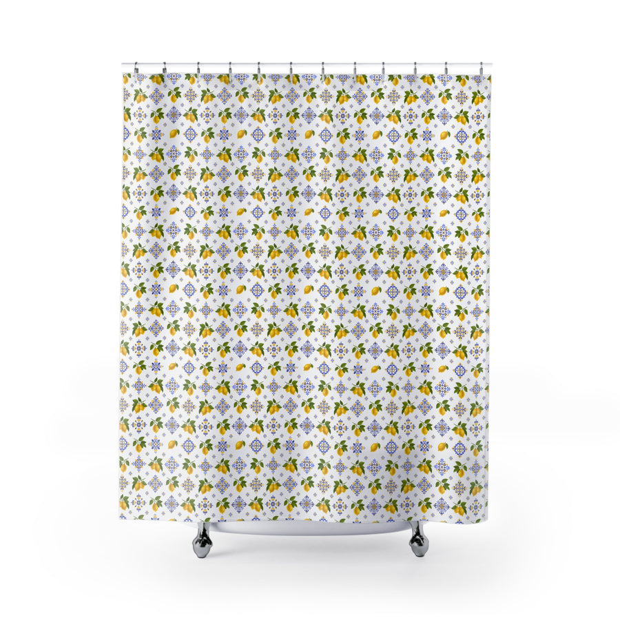 Shower Curtain — Mediterranean Lemon Tile Pattern, Blue Floral Mosaic Bath Decor
