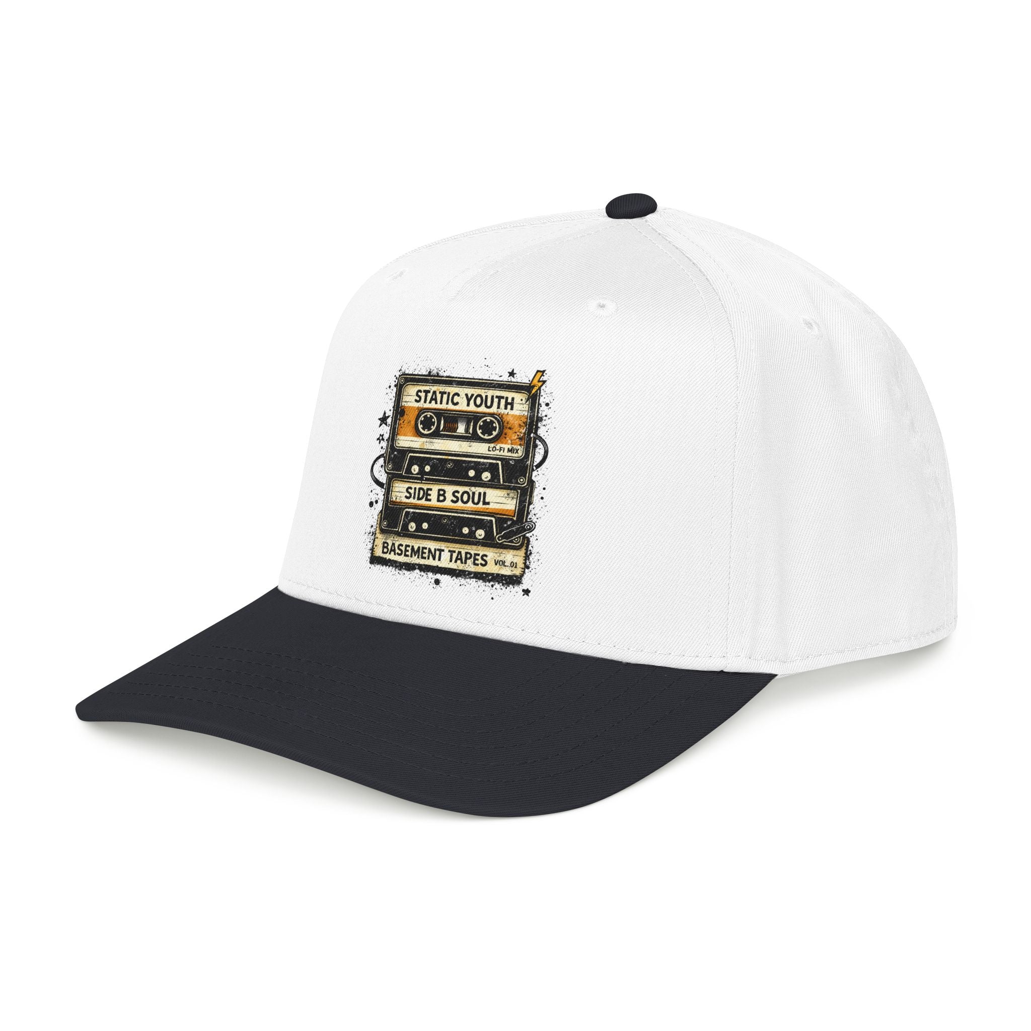 Vintage Cassette Baseball Cap — "Static Youth / Side B Soul" Retro Tape Design - Creations by Chris and Carlos