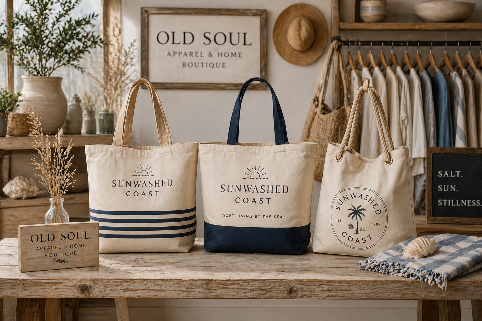 Sunwashed Coast Tote Bag — Coastal Canvas Beach Tote with 'Soft Living by the Sea' Logo - Creations by Chris and Carlos