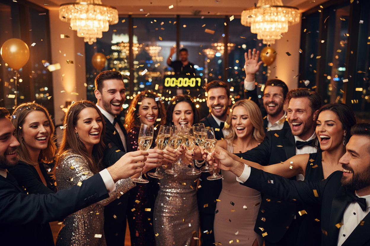 create a lifestyle image- people standing around with a new years party theme. cheering with champagne glasses ( and those glassed ) should have ENGRAVED WITH 'O.S"