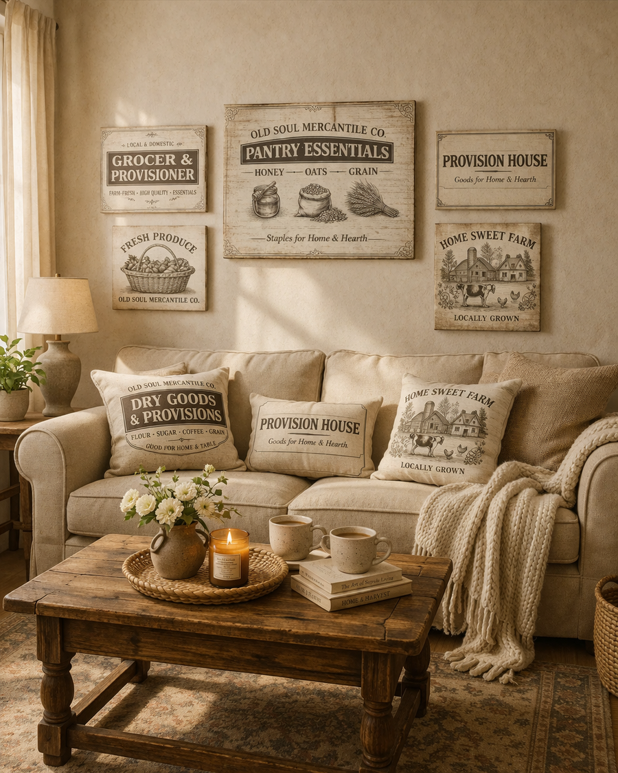 Old Soul Mercantile home world vintage wall art and pillows