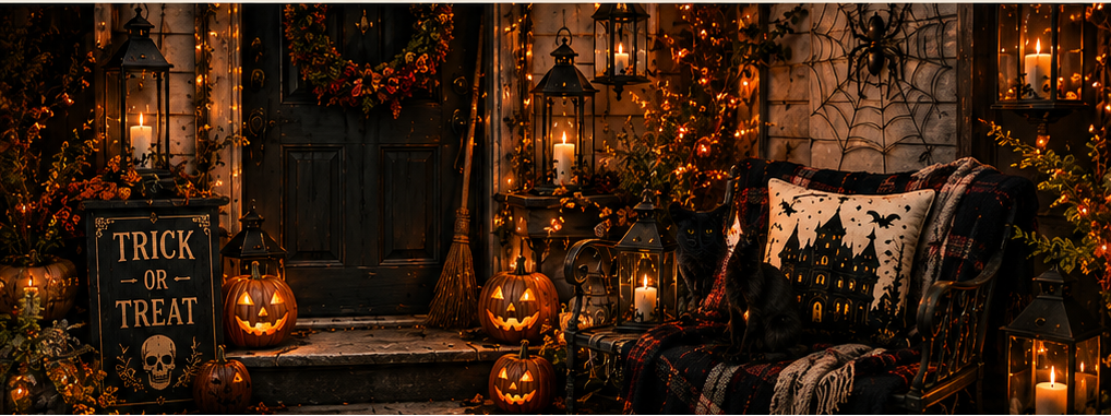 Halloween Hallow candlelit porch hero for October homepage